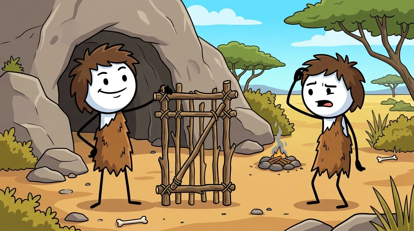 A proud stickman caveman shows off the first wooden door outside a cave while a friend scratches his head