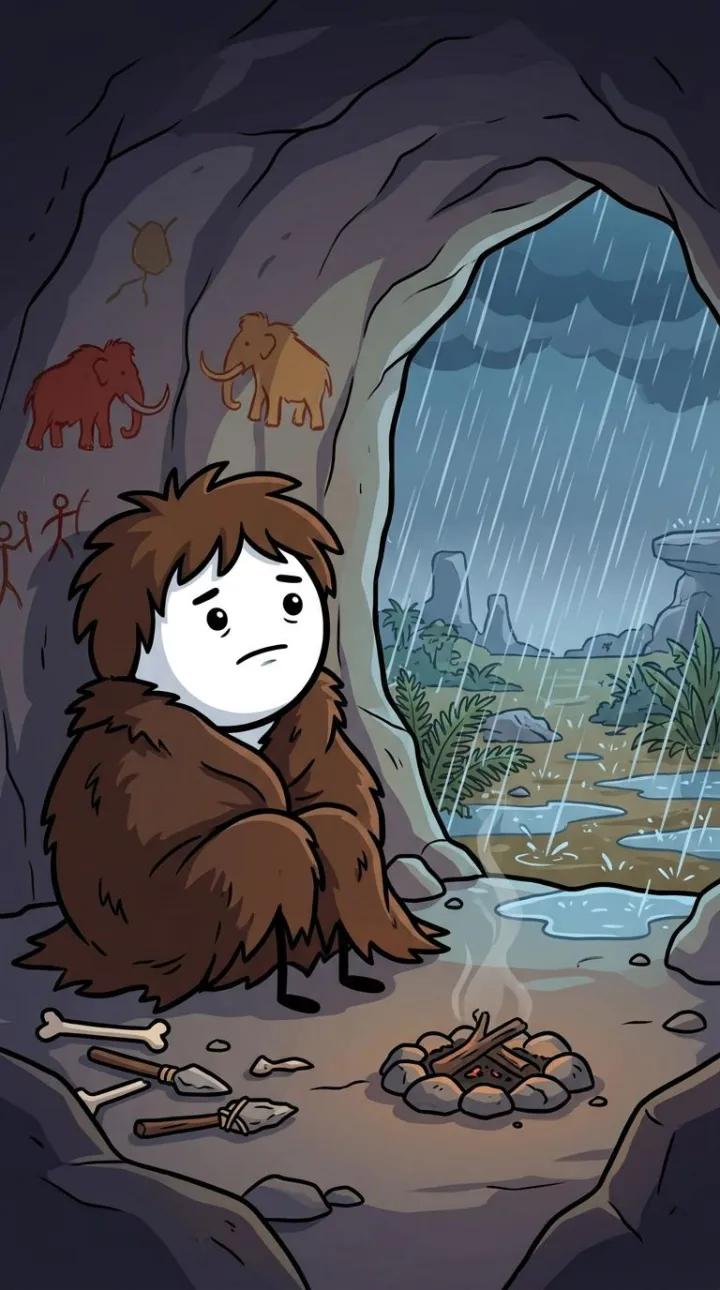 A stickman caveman wrapped in fur waits out a week of rain in a cave with paintings on the walls
