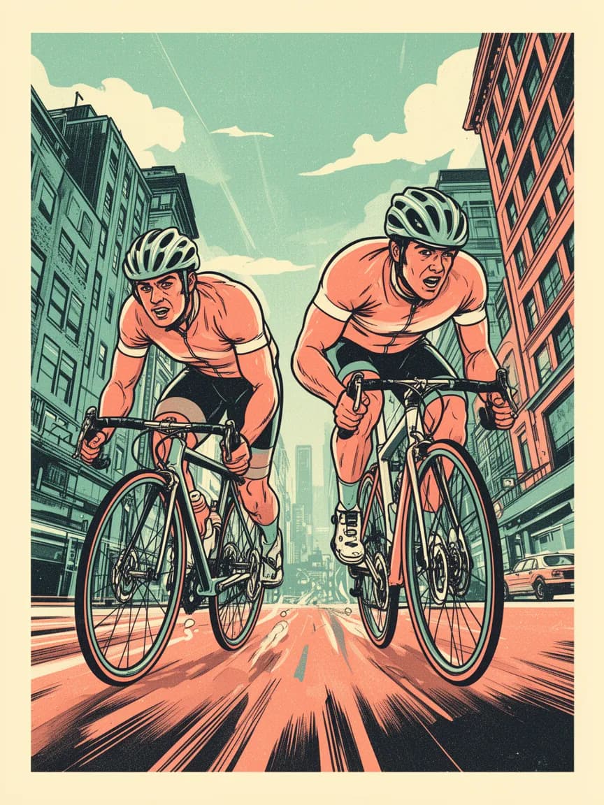 Risograph style poster of cyclists sprinting, made with Flux 2 Dev