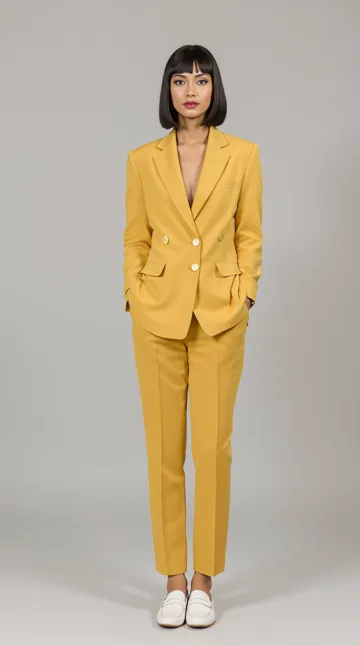 Photo of a woman in a mustard two-piece suit