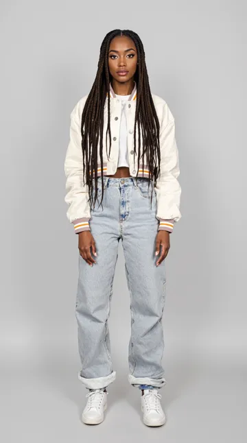 Photo of a woman with box braids in a cream varsity jacket