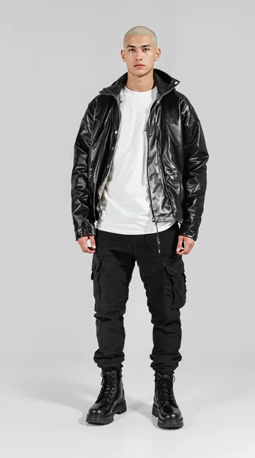 Photo of a man with a bleached buzz cut in a black leather jacket