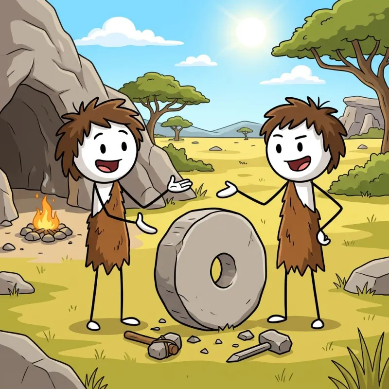 Two stickman cavemen proudly show off a stone wheel outside their cave